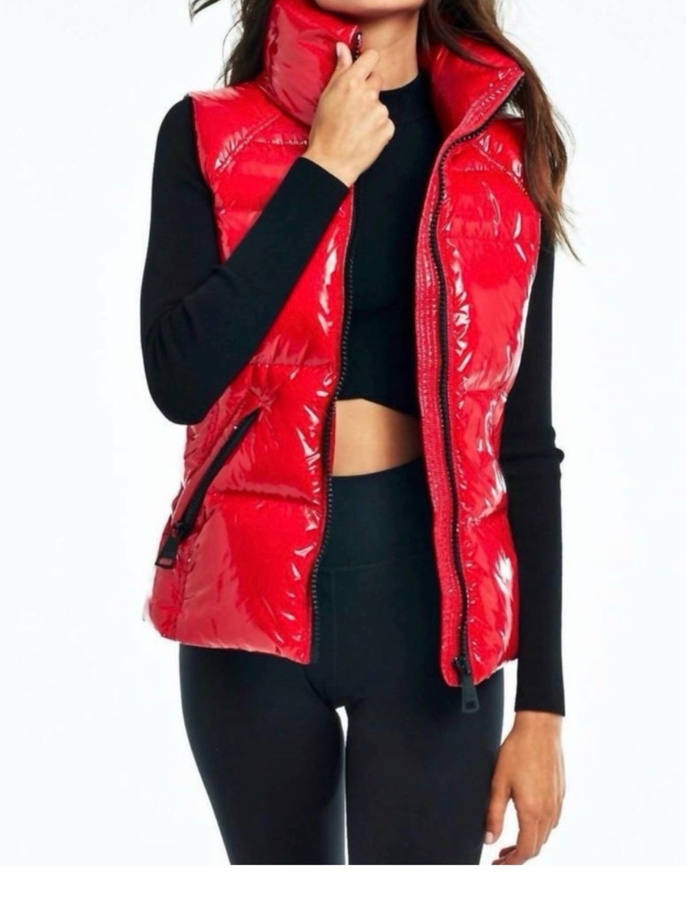 SAM New York Women's "Freedom" Glossy Puffer Vest in Red Salsa with Black L